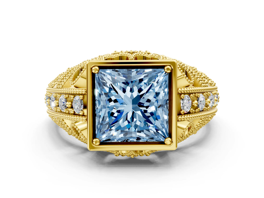 Yellow gold Fancy Blue Princess Cut Brilliant Milgrain Filigree Diamond Ring with Square Prong Setting