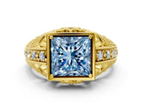 Yellow gold Fancy Blue Princess Cut Brilliant Milgrain Filigree Diamond Ring with Square Prong Setting