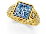 Yellow gold Fancy Blue Princess Cut Brilliant Milgrain Filigree Diamond Ring with Square Prong Setting_1