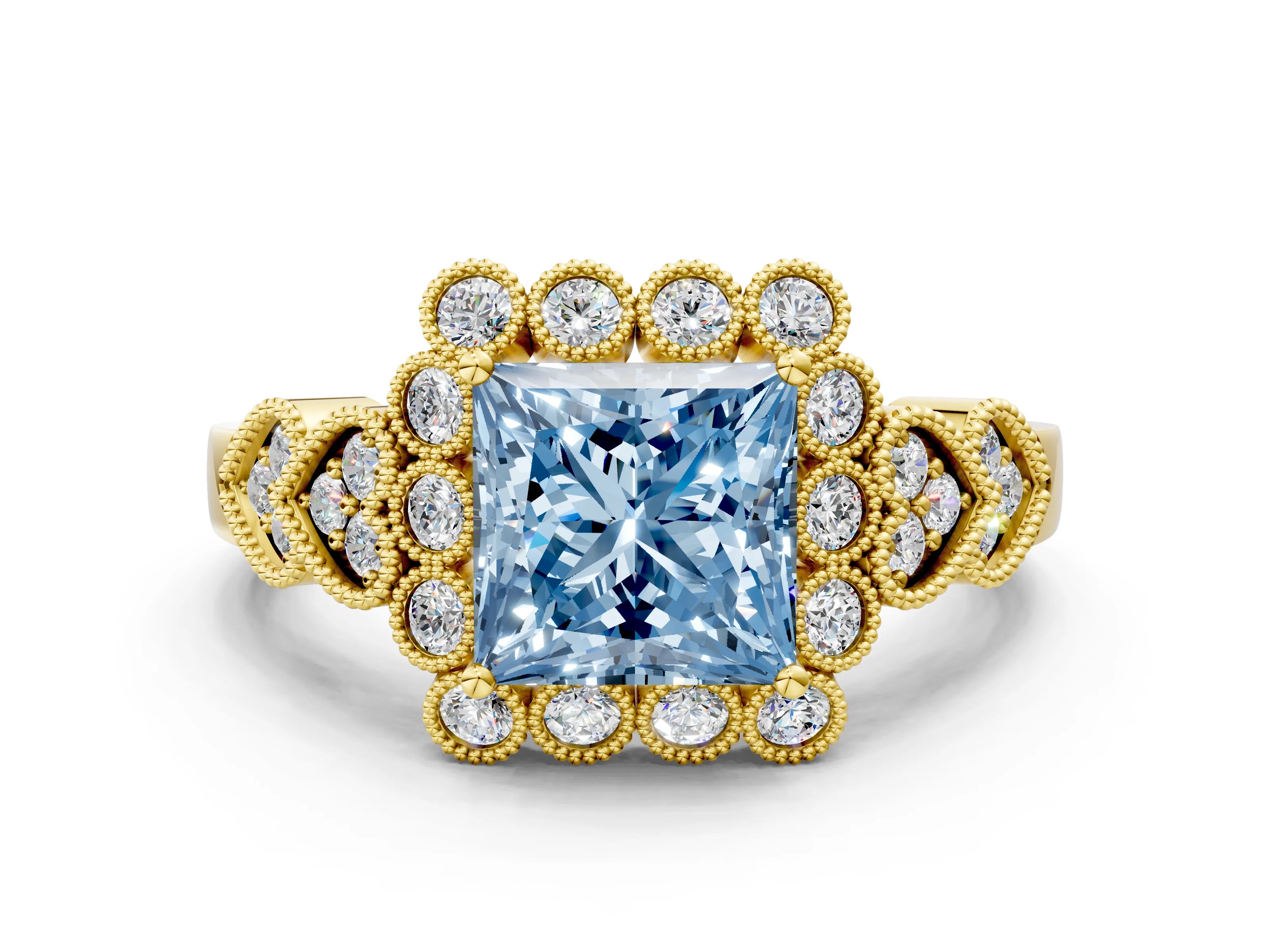Yellow gold Fancy Blue Princess Cut Brilliant Milgrain Pave Heart Band Solitaire Ring