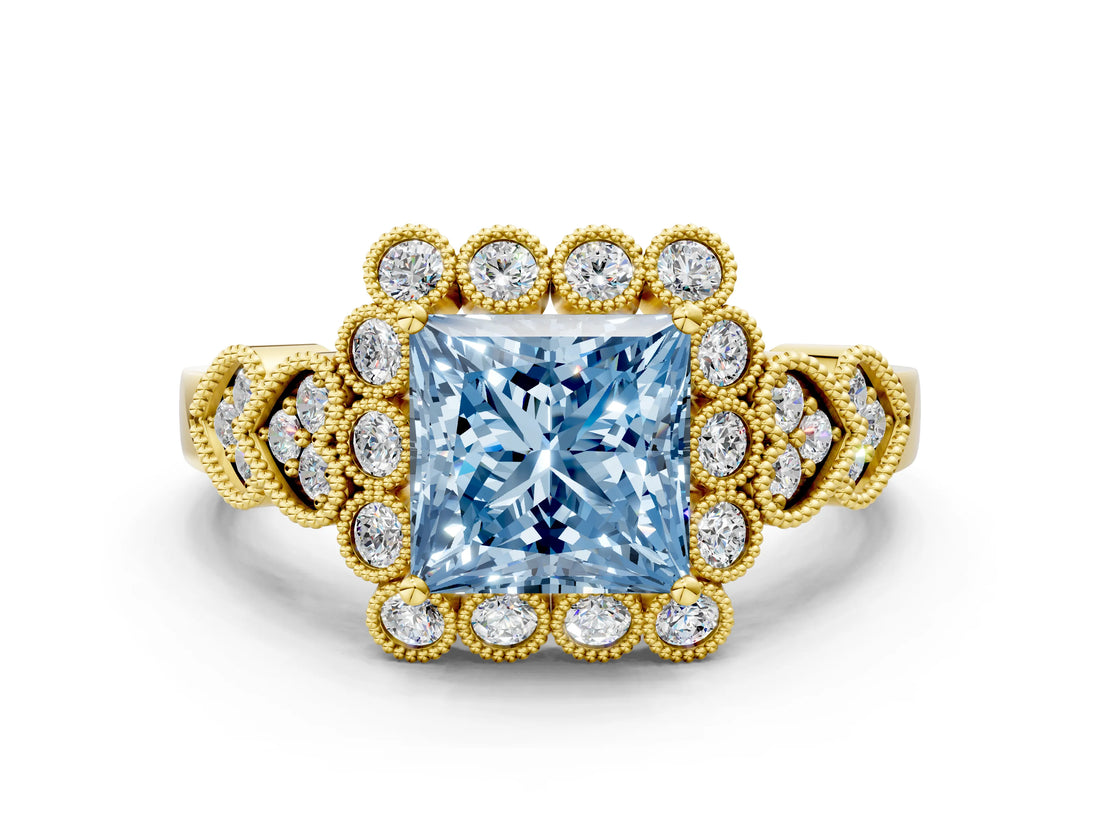 Yellow gold Fancy Blue Princess Cut Brilliant Milgrain Pave Heart Band Solitaire Ring