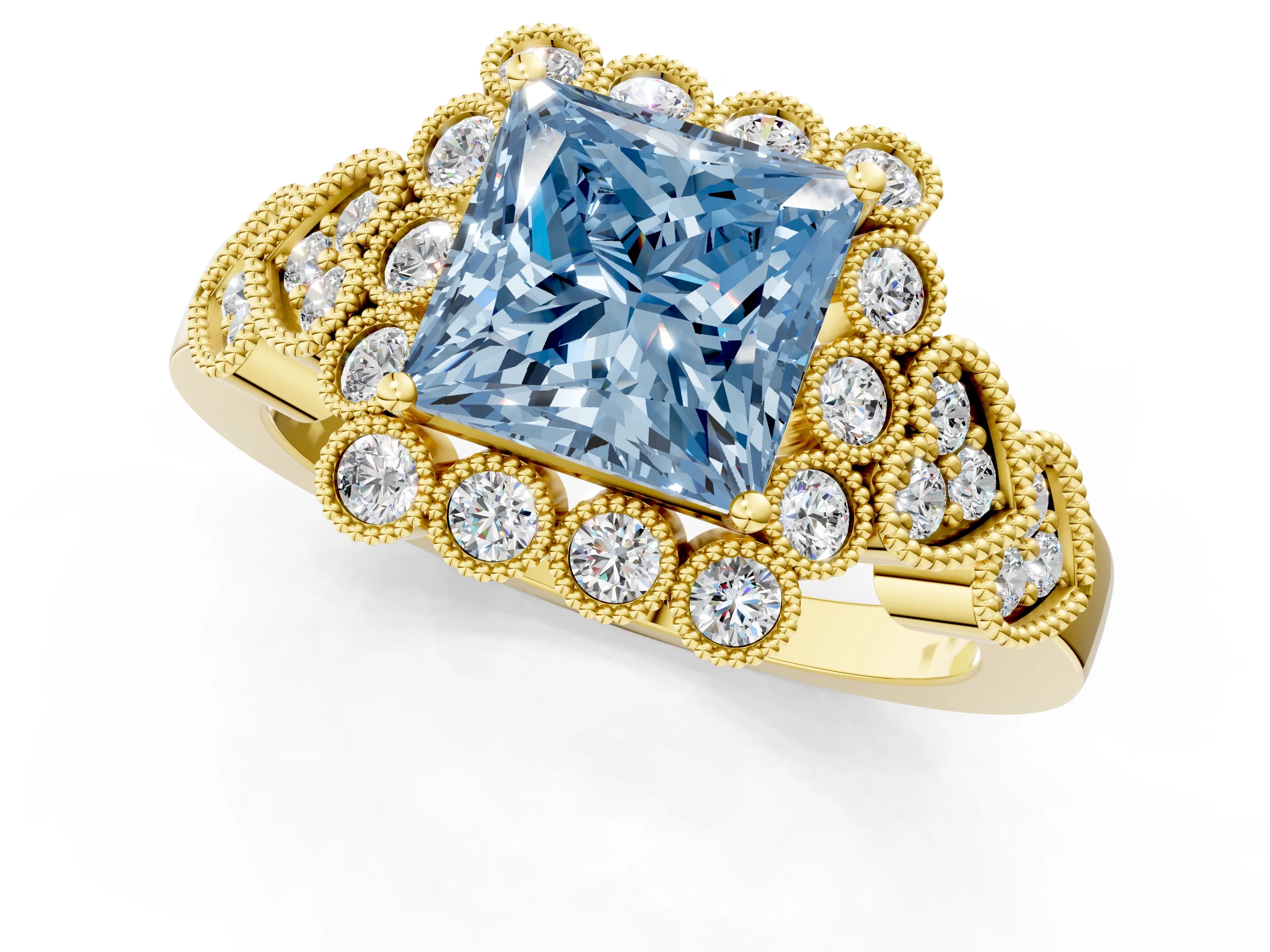 Yellow gold Fancy Blue Princess Cut Brilliant Milgrain Pave Heart Band Solitaire Ring_1