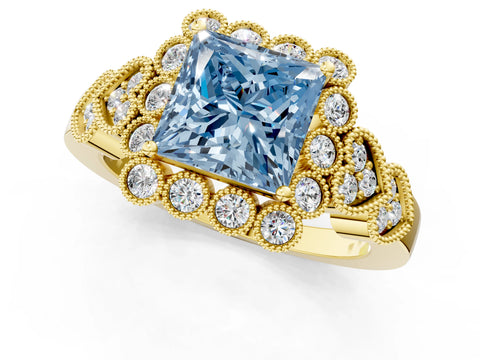 Yellow gold Fancy Blue Princess Cut Brilliant Milgrain Pave Heart Band Solitaire Ring_1
