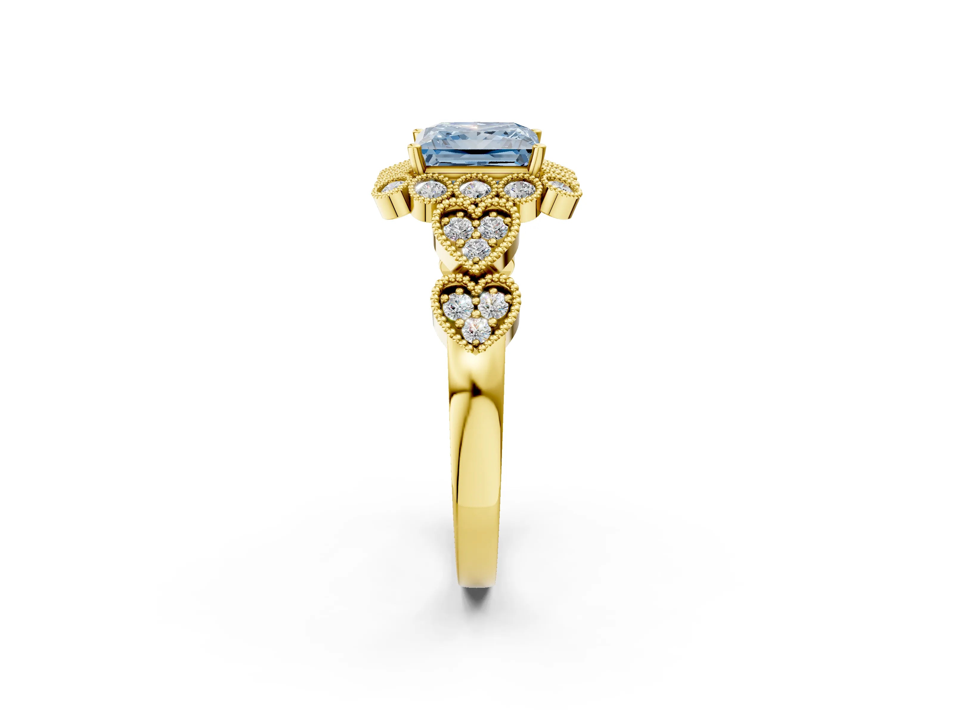 Yellow gold Fancy Blue Princess Cut Brilliant Milgrain Pave Heart Band Solitaire Ring_2