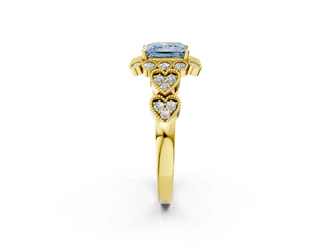 Yellow gold Fancy Blue Princess Cut Brilliant Milgrain Pave Heart Band Solitaire Ring_2