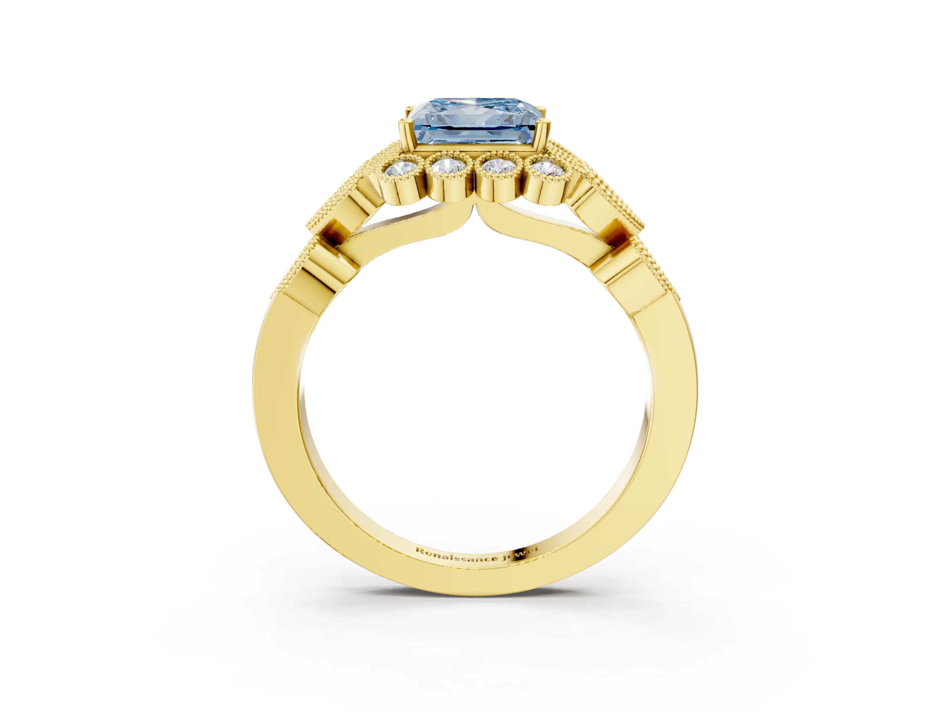 Yellow gold Fancy Blue Princess Cut Brilliant Milgrain Pave Heart Band Solitaire Ring_3
