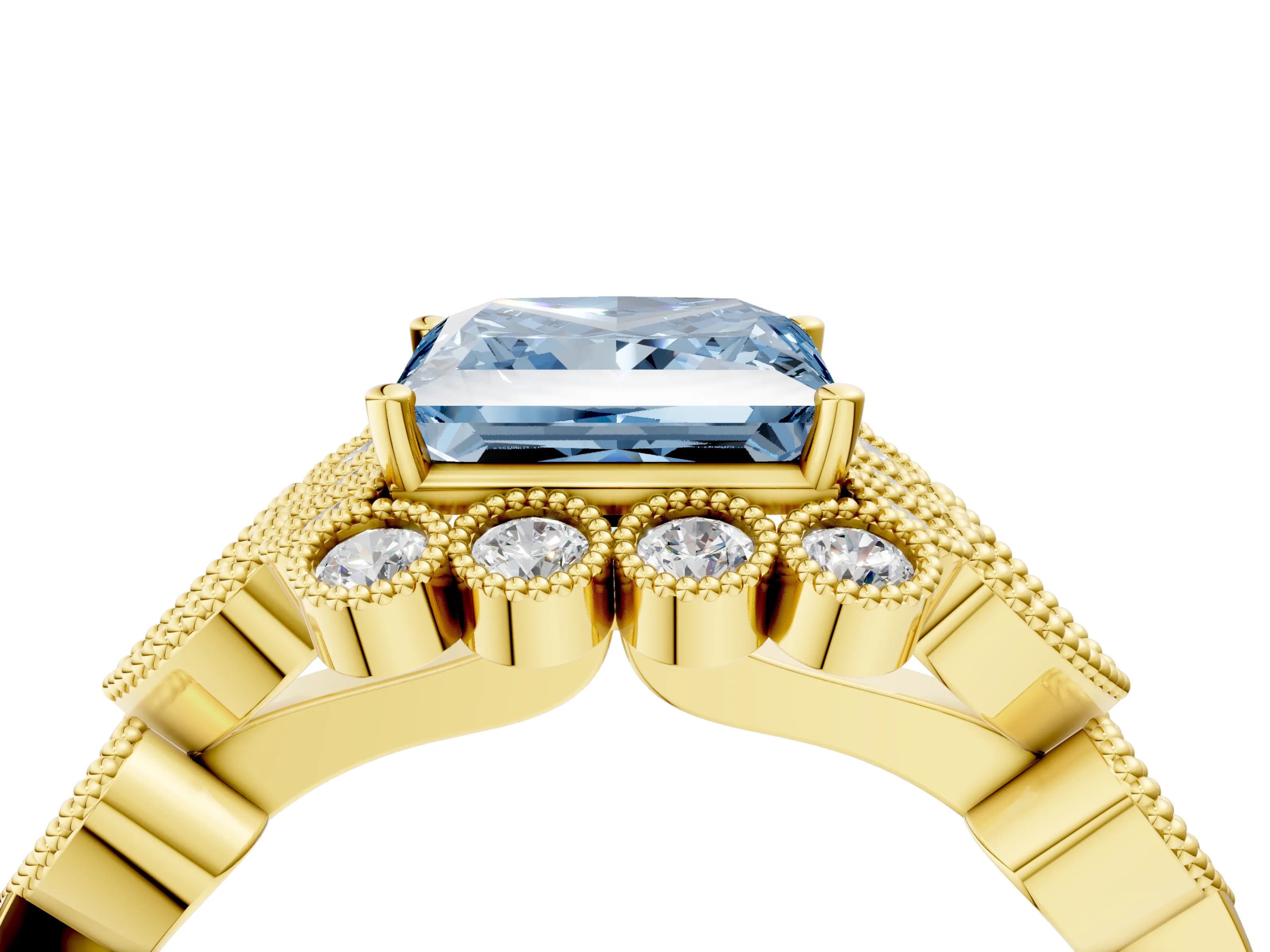 Yellow gold Fancy Blue Princess Cut Brilliant Milgrain Pave Heart Band Solitaire Ring_4