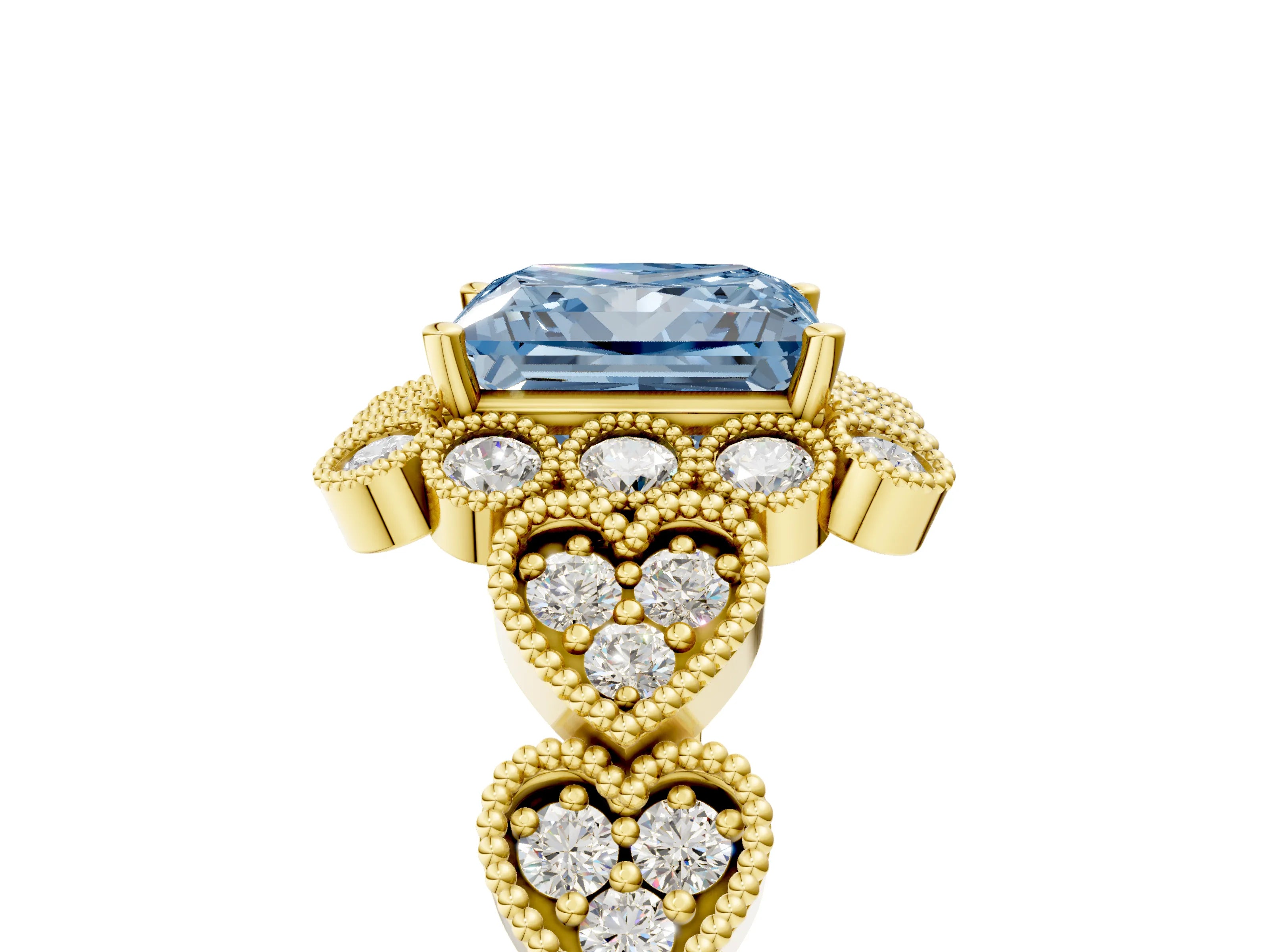 Yellow gold Fancy Blue Princess Cut Brilliant Milgrain Pave Heart Band Solitaire Ring_5