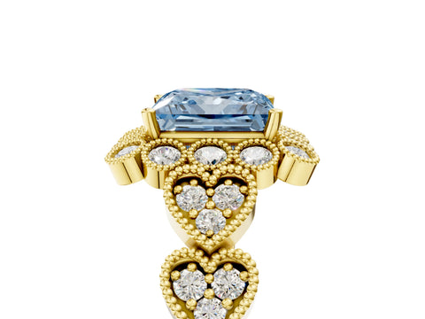 Yellow gold Fancy Blue Princess Cut Brilliant Milgrain Pave Heart Band Solitaire Ring_5