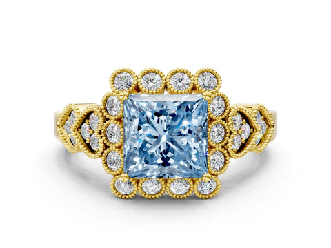 Yellow gold Fancy Blue Princess Cut Brilliant Milgrain Pave Heart Band Solitaire Ring