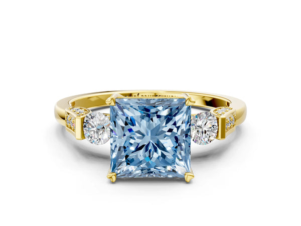 Yellow gold Fancy Blue Princess Cut Brilliant Three-Stone Pave Band with Four-Prong Setting