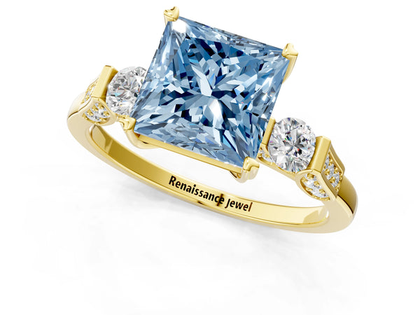 Yellow gold Fancy Blue Princess Cut Brilliant Three-Stone Pave Band with Four-Prong Setting