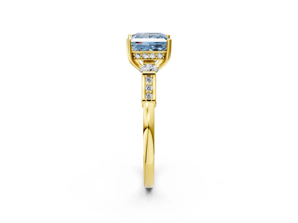 Yellow gold Fancy Blue Princess Cut Brilliant Three-Stone Pave Band with Four-Prong Setting