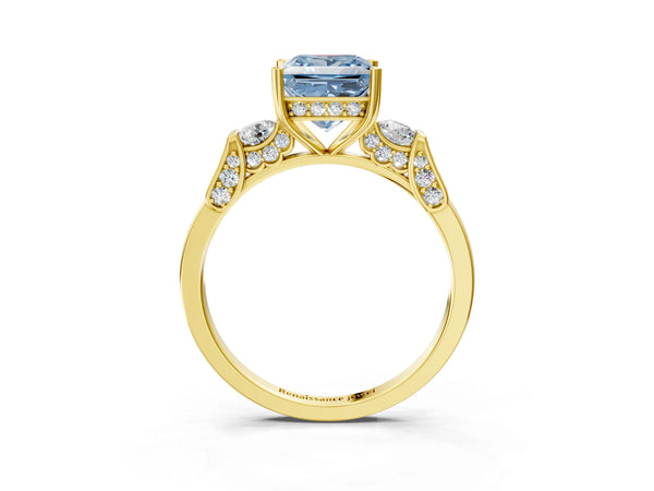 Yellow gold Fancy Blue Princess Cut Brilliant Three-Stone Pave Band with Four-Prong Setting