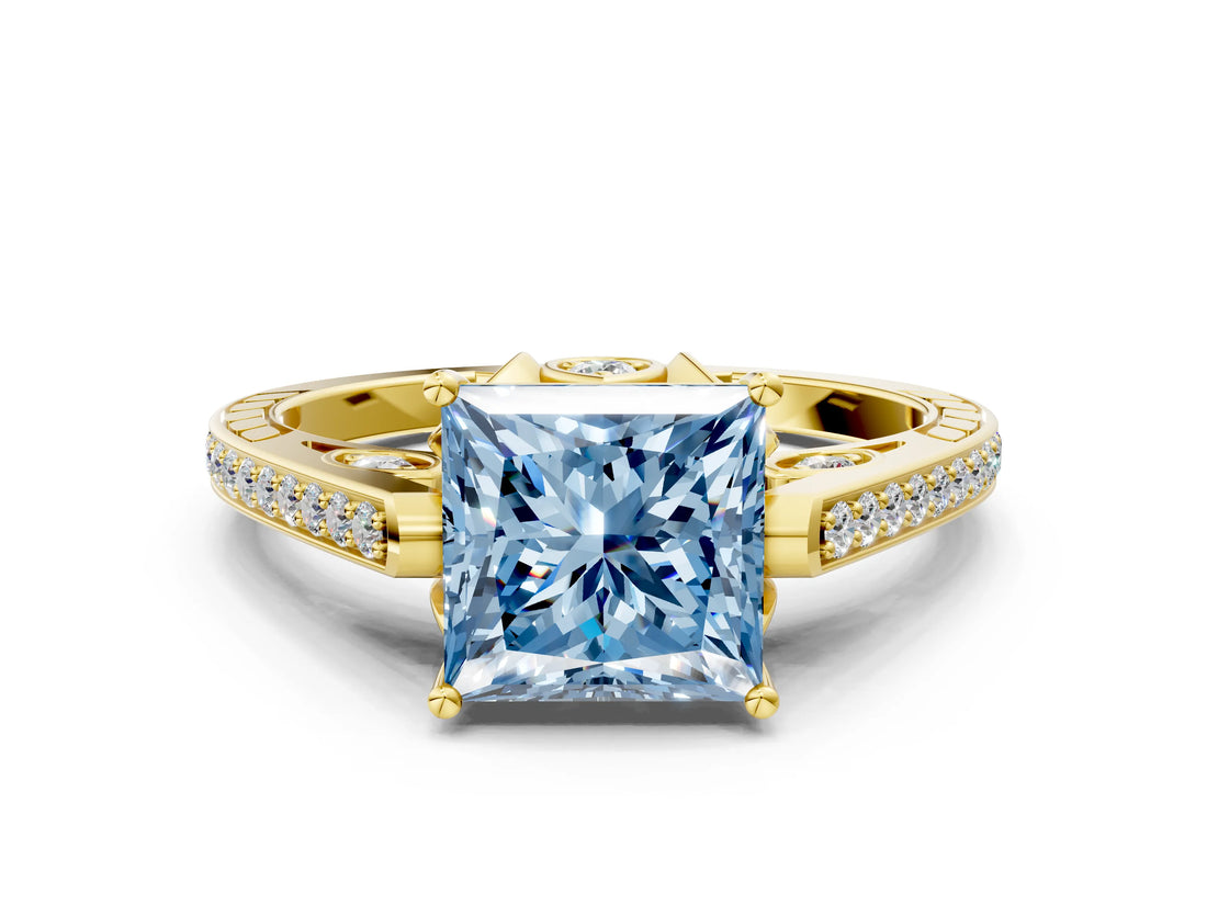 Yellow gold Fancy Blue Princess  Cut Cathedral Pave Diamond Engagement Ring with Six-Prong Setting_37