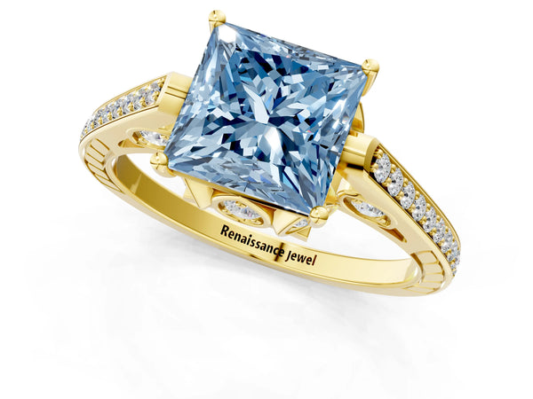 Yellow gold Fancy Blue Princess  Cut Cathedral Pave Diamond Engagement Ring with Six-Prong Setting