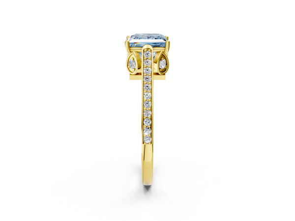 Yellow gold Fancy Blue Princess  Cut Cathedral Pave Diamond Engagement Ring with Six-Prong Setting