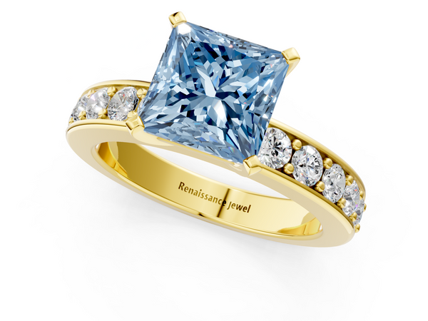 Yellow gold Fancy Blue Princess  Cut Channel Set Diamond Engagement Ring with Four-Prong Setting