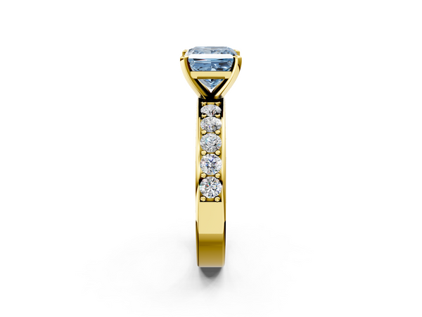 Yellow gold Fancy Blue Princess  Cut Channel Set Diamond Engagement Ring with Four-Prong Setting