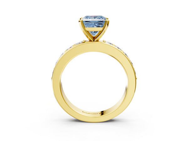 Yellow gold Fancy Blue Princess  Cut Channel Set Diamond Engagement Ring with Four-Prong Setting