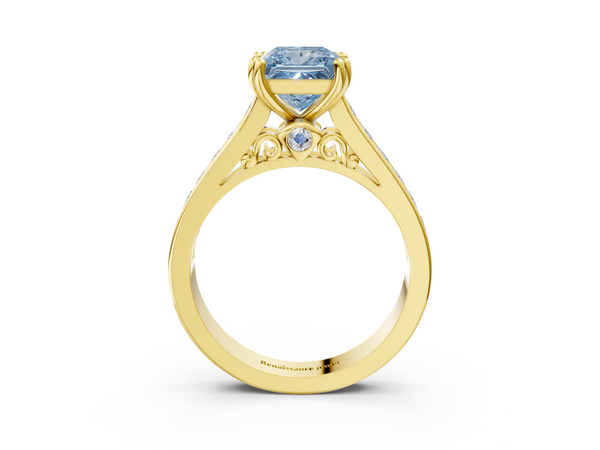 Yellow Gold Princess Cut Channel Set Solitaire Engagement Ring Setting for Fancy Blue Center with Double Claw Prongs