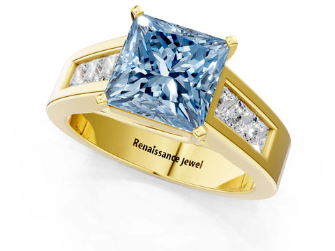 Yellow gold Fancy Blue Princess Cut Cut Channel Set Solitaire Ring with Four-Prong Setting_1