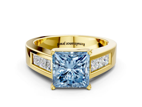 Yellow gold Fancy Blue Princess Cut Cut Channel Set Solitaire Ring with Four-Prong Setting