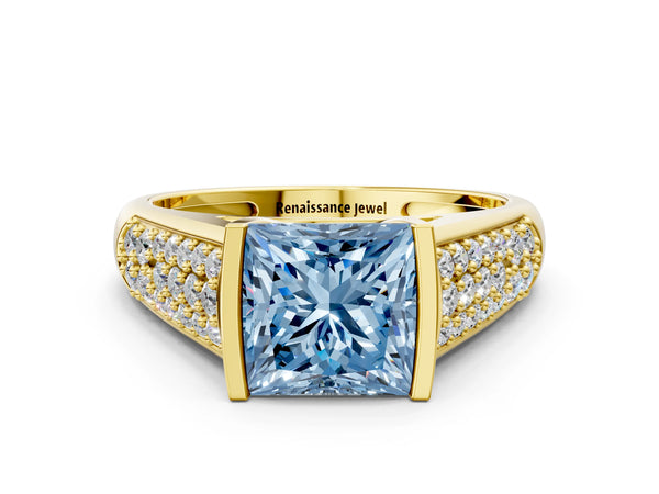 Yellow gold Fancy Blue Princess Cut Diamond Channel Set Pave Band with Tension Prong Setting