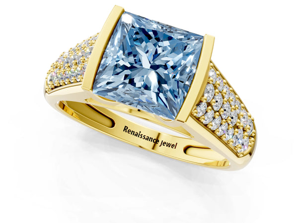 Yellow gold Fancy Blue Princess Cut Diamond Channel Set Pave Band with Tension Prong Setting