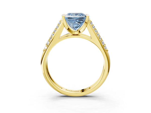 Yellow gold Fancy Blue Princess Cut Diamond Channel Set Pave Band with Tension Prong Setting