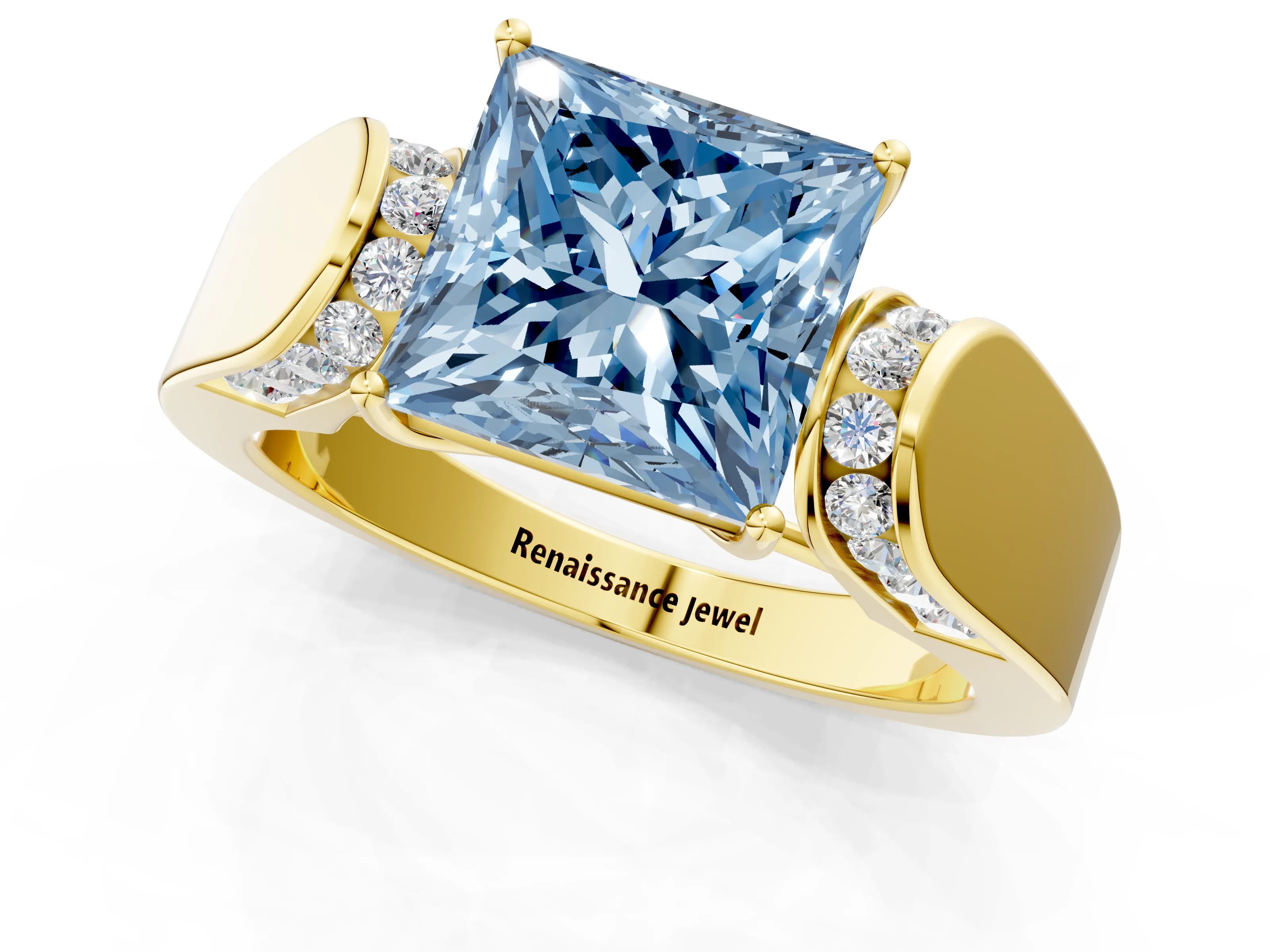 Yellow gold Fancy Blue Princess Cut Cut Diamond Channel Set Solitaire Ring with Four-Prong Setting_1