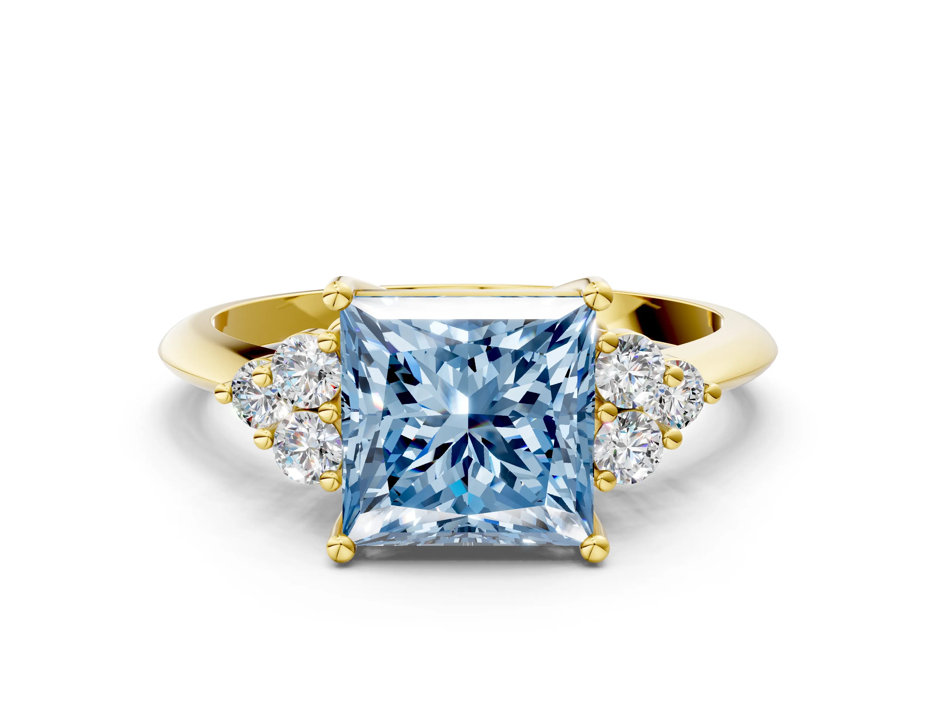 Yellow gold Fancy Blue Princess Cut Cut Diamond Cluster Ring with Solitaire Band and Four-Prong Setting