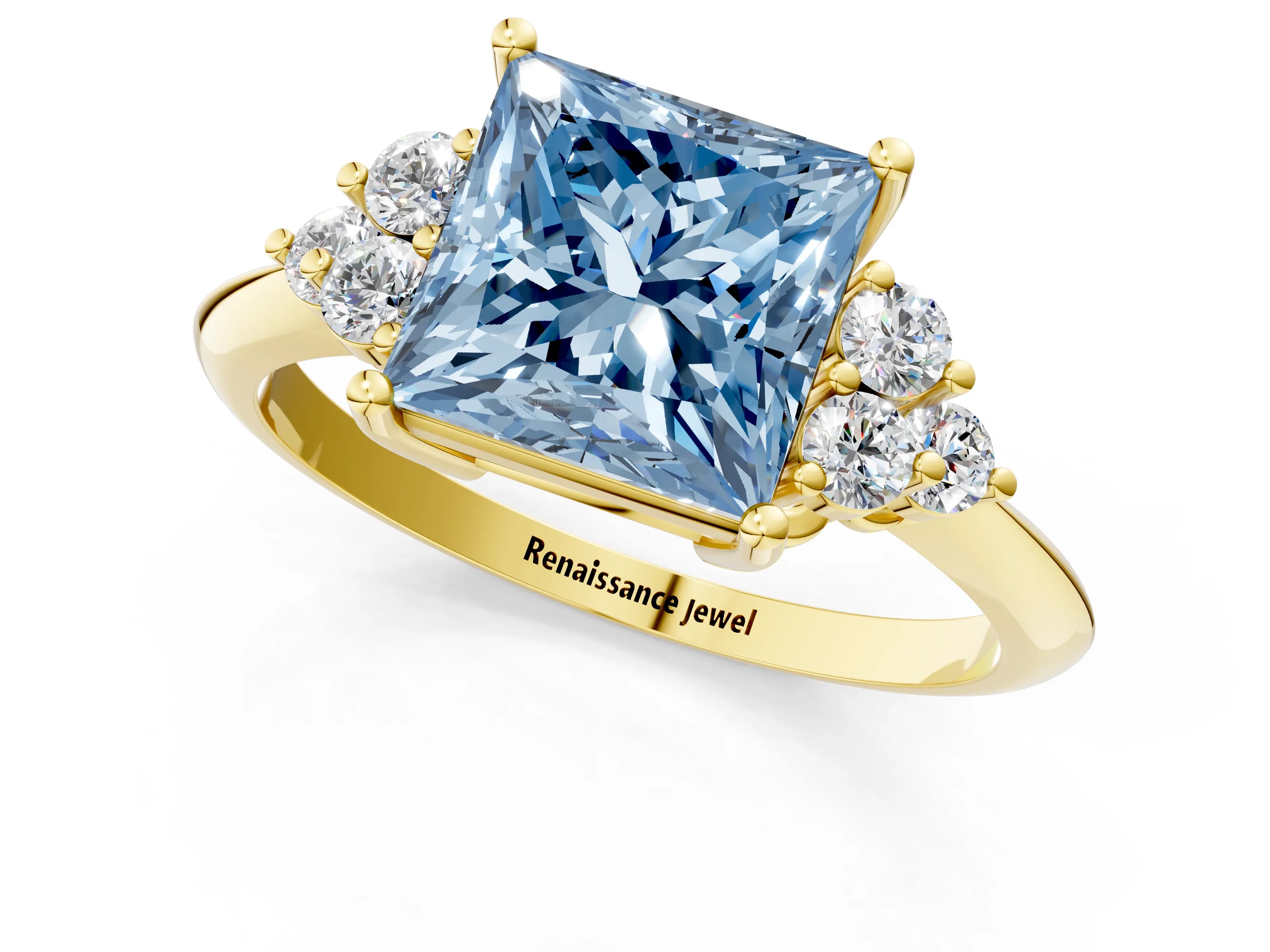 Yellow gold Fancy Blue Princess Cut Cut Diamond Cluster Ring with Solitaire Band and Four-Prong Setting_1