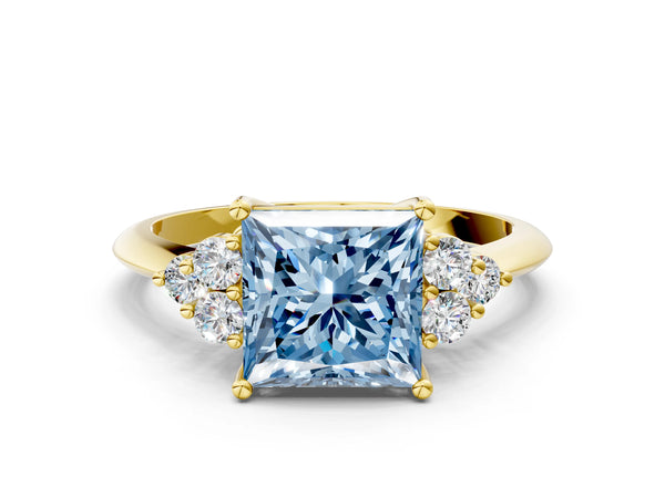 Yellow Gold Princess Cut Cluster Accent Engagement Ring Setting for Fancy Blue Center