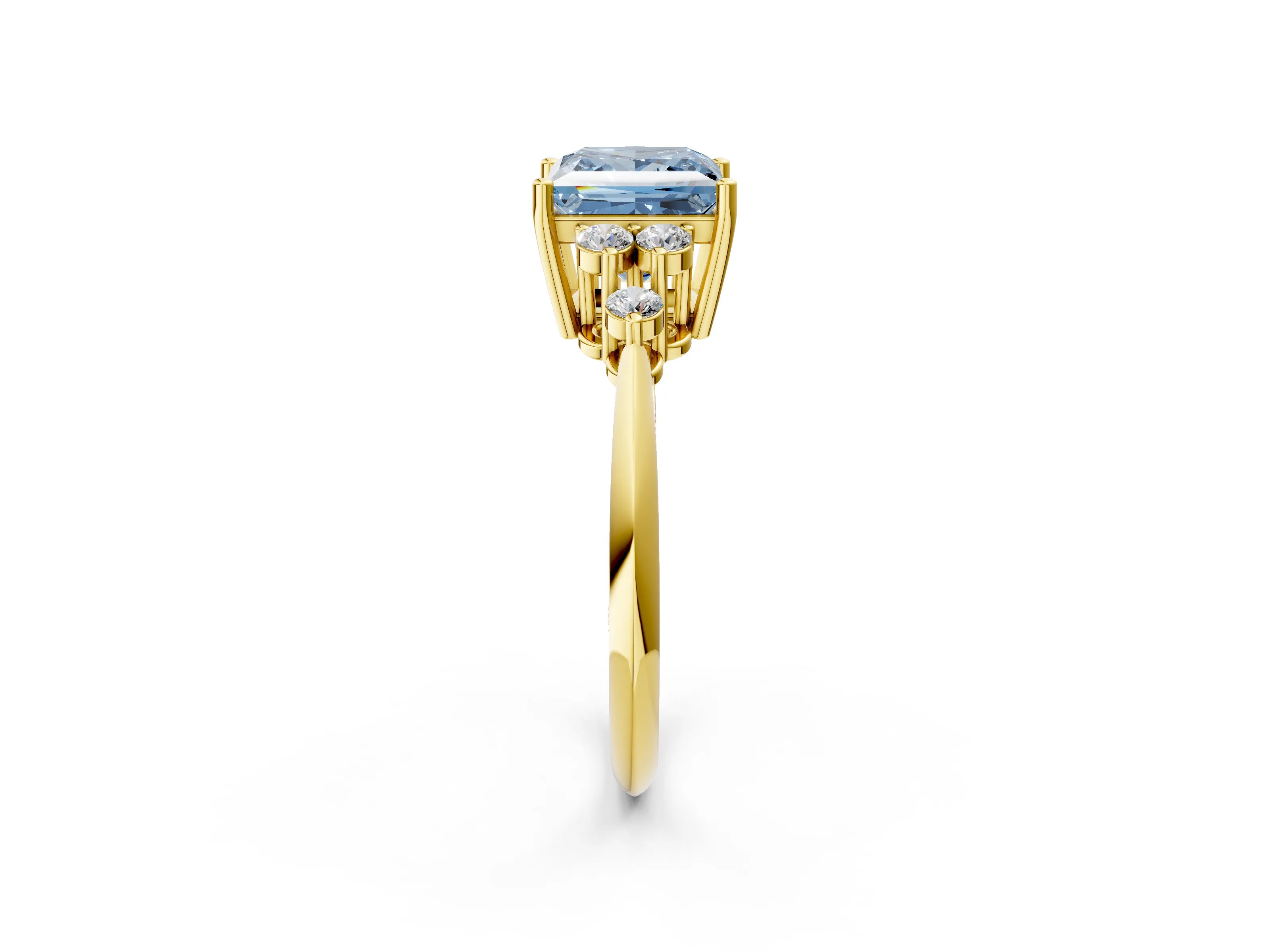 Yellow gold Fancy Blue Princess Cut Cut Diamond Cluster Ring with Solitaire Band and Four-Prong Setting_2