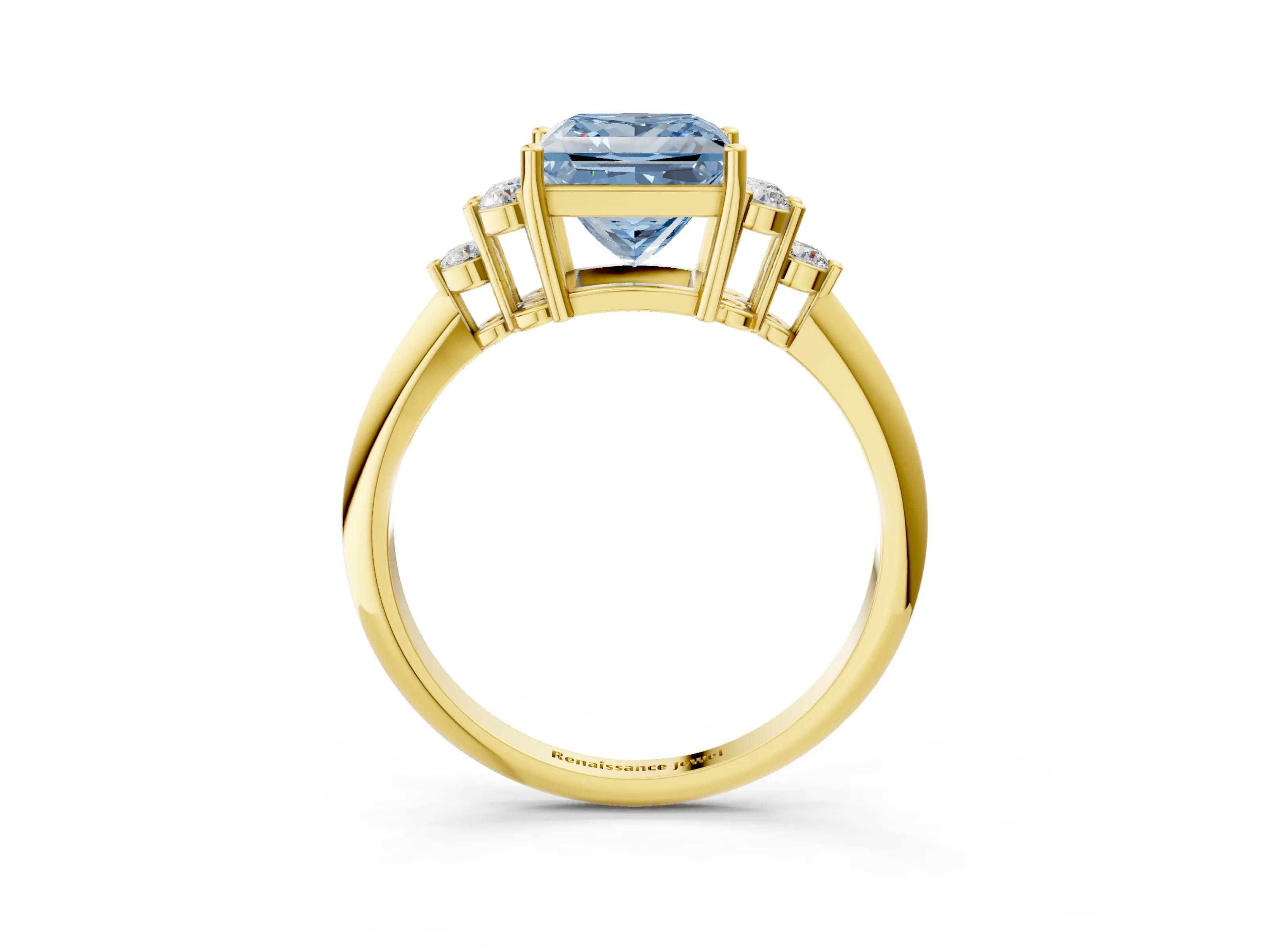 Yellow gold Fancy Blue Princess Cut Cut Diamond Cluster Ring with Solitaire Band and Four-Prong Setting_3