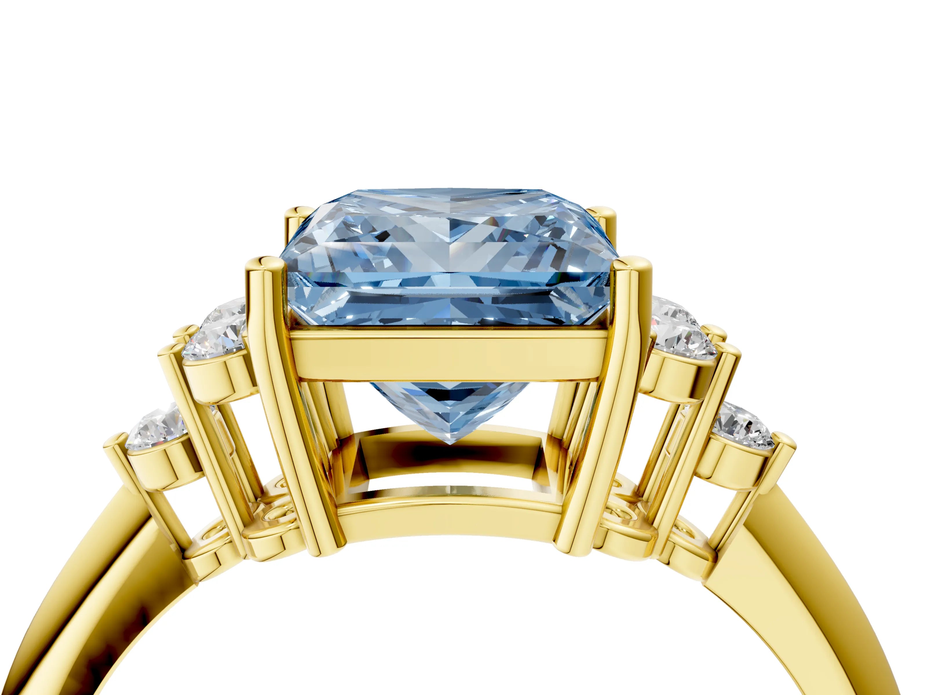 Yellow gold Fancy Blue Princess Cut Cut Diamond Cluster Ring with Solitaire Band and Four-Prong Setting_4