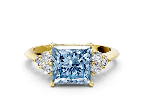 Yellow gold Fancy Blue Princess Cut Cut Diamond Cluster Ring with Solitaire Band and Four-Prong Setting