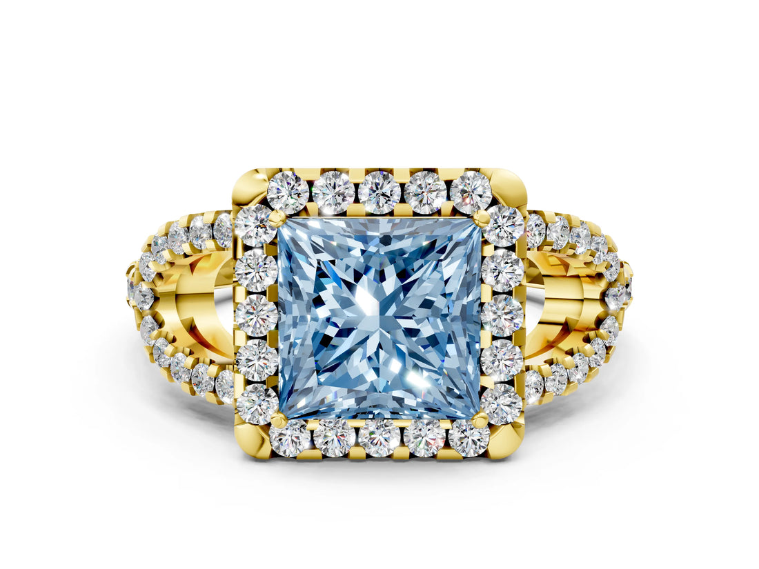 Yellow gold Fancy Blue Princess Cut Cut Diamond Halo Engagement Ring with Open Split Pavé Band