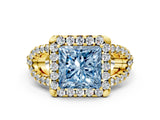 Yellow gold Fancy Blue Princess Cut Cut Diamond Halo Engagement Ring with Open Split Pavé Band