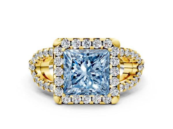 Yellow Gold Princess Cut Split Shank Pave Halo Engagement Ring Setting for Fancy Blue Center