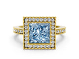 Yellow gold Fancy Blue Princess Cut-Cut Diamond Halo Engagement Ring with Pave Band and Prong Setting