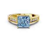 Yellow gold Fancy Blue Princess Cut Cut Diamond Milgrain Pave Band Four-Prong Setting Ring_3