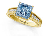 Yellow gold Fancy Blue Princess Cut Cut Diamond Milgrain Pave Band Four-Prong Setting Ring_4