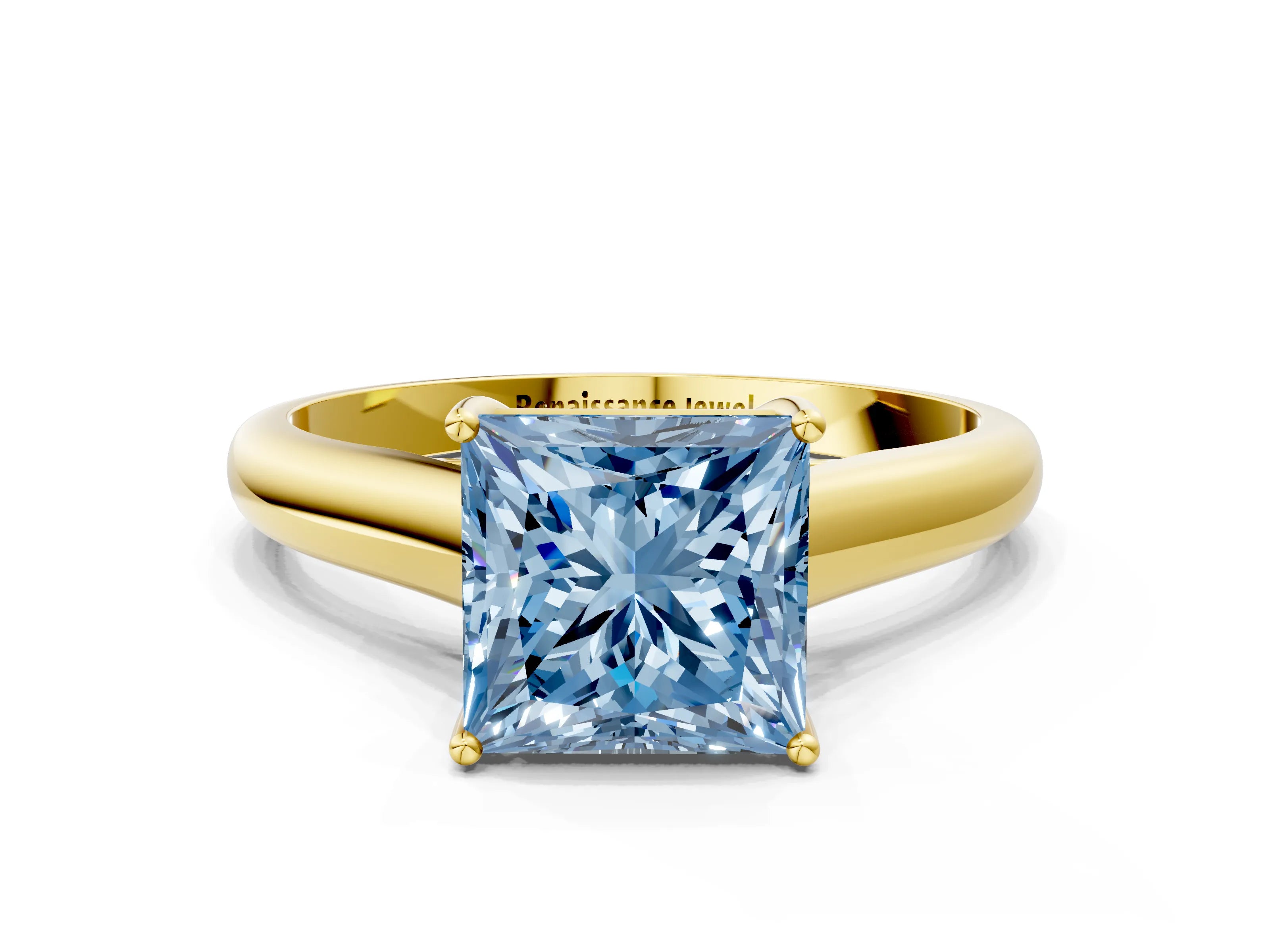 Yellow gold Fancy Blue Princess Cut Cut Diamond Solitaire Engagement Ring with Tapered Plain Band and Four-Prong Setting
