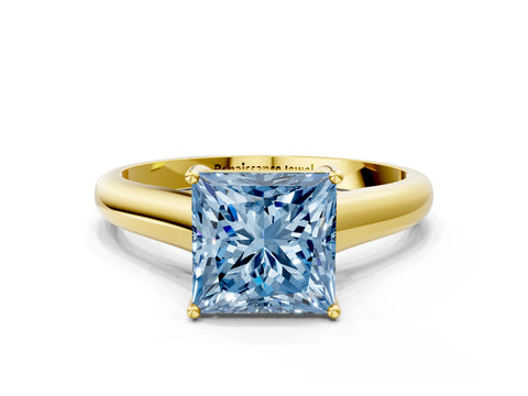 Yellow gold Fancy Blue Princess Cut Cut Diamond Solitaire Engagement Ring with Tapered Plain Band and Four-Prong Setting