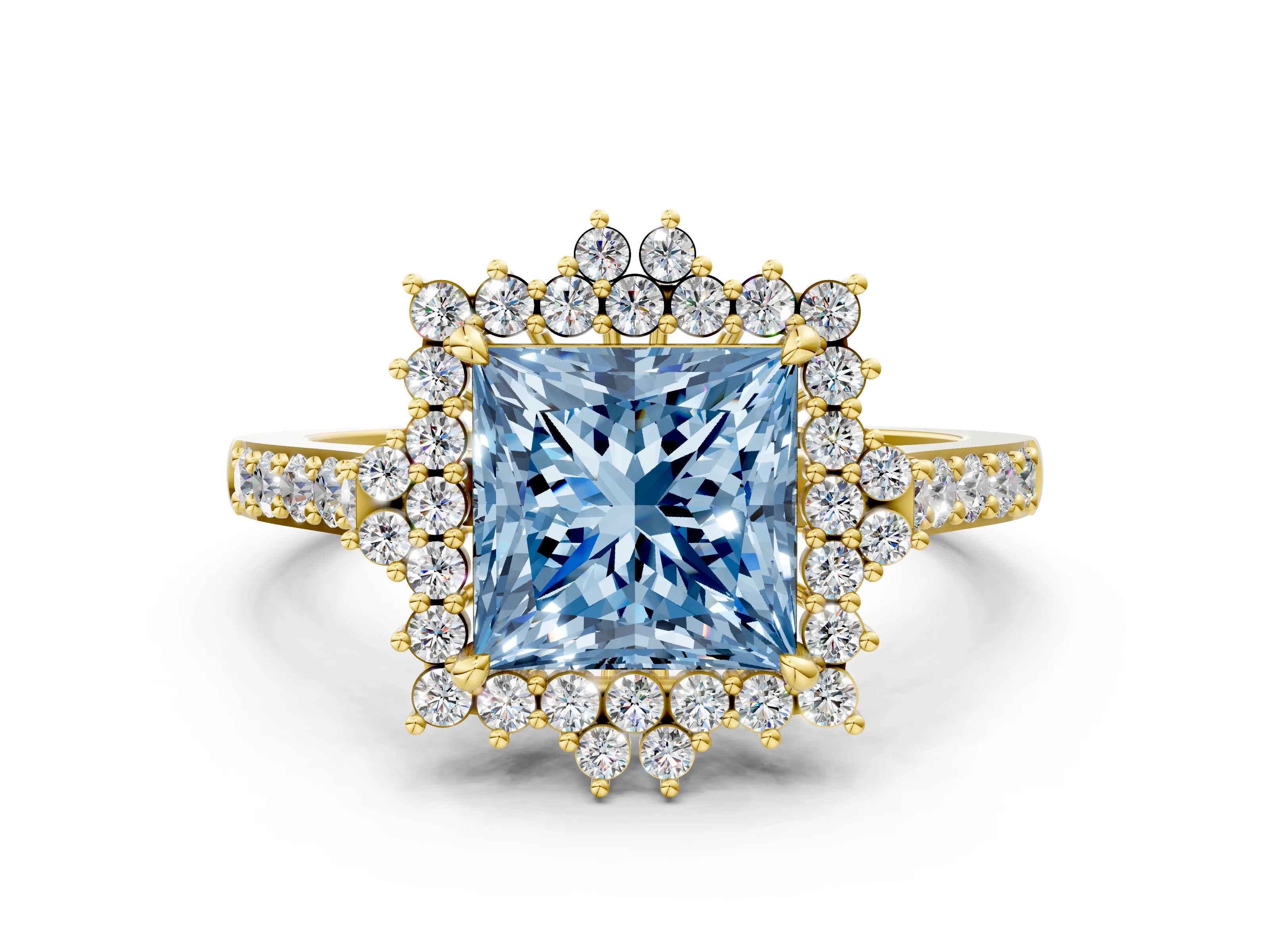 Yellow gold Fancy Blue Princess Cut Cut Diamond Sunburst Halo Engagement Ring with Pavé Band