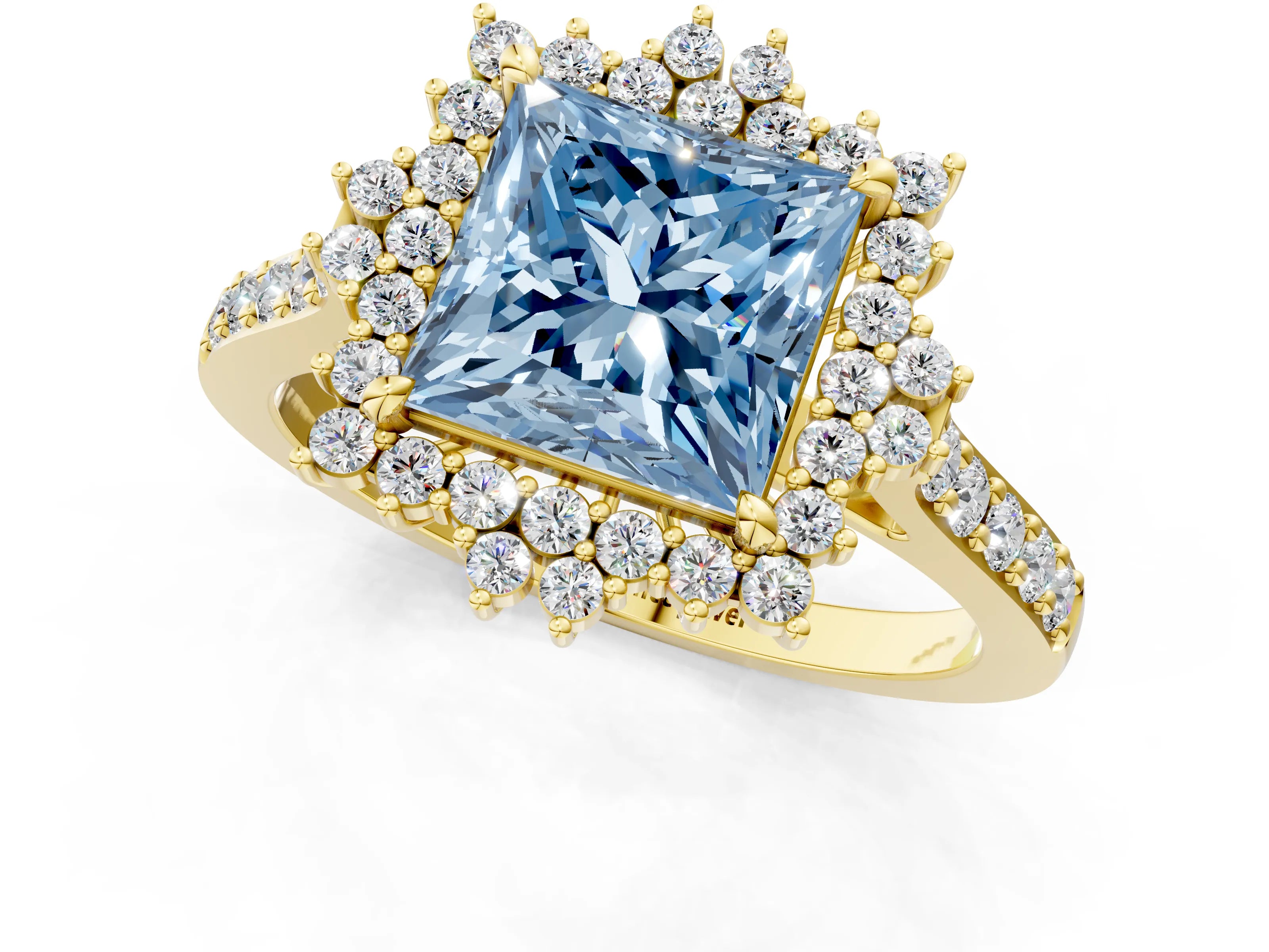 Yellow gold Fancy Blue Princess Cut Cut Diamond Sunburst Halo Engagement Ring with Pavé Band_1
