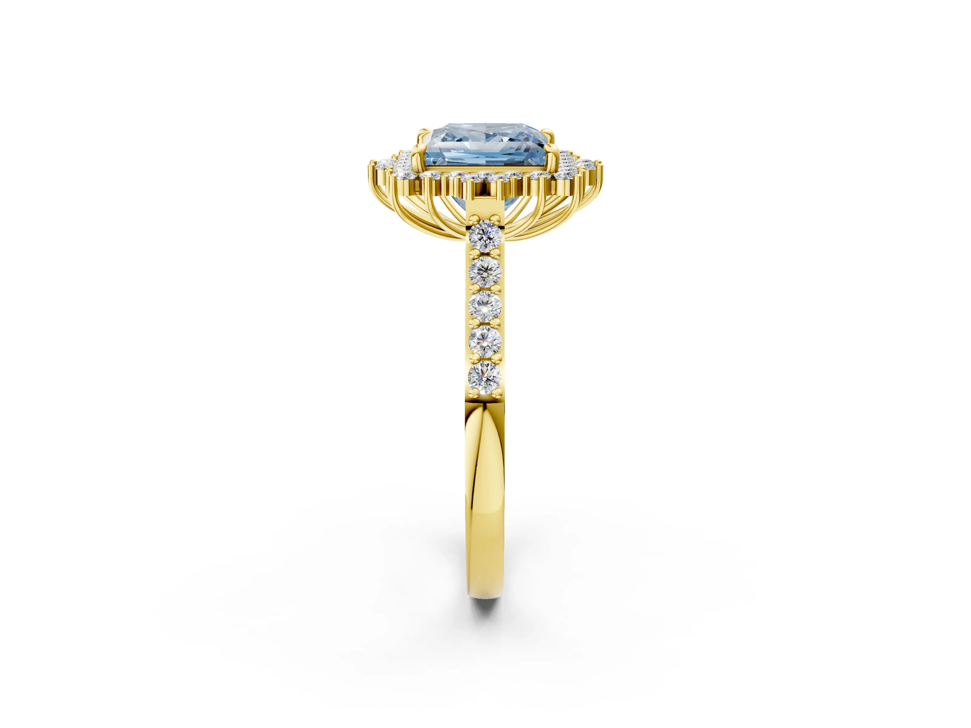 Yellow gold Fancy Blue Princess Cut Cut Diamond Sunburst Halo Engagement Ring with Pavé Band_2