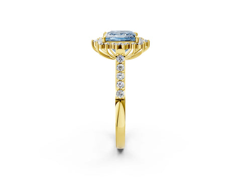 Yellow gold Fancy Blue Princess Cut Cut Diamond Sunburst Halo Engagement Ring with Pavé Band_2